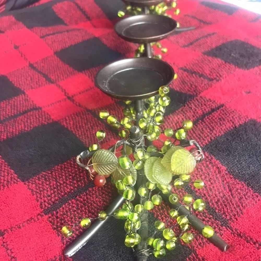 Metal three tier candle holder with beading